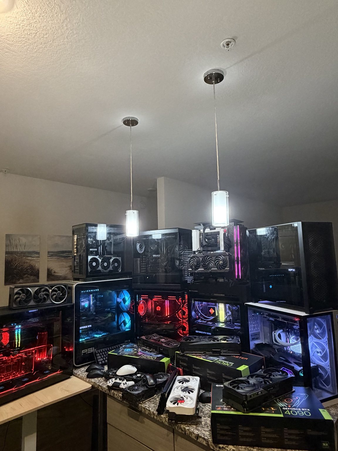Collection of custom gaming PCs and graphics cards