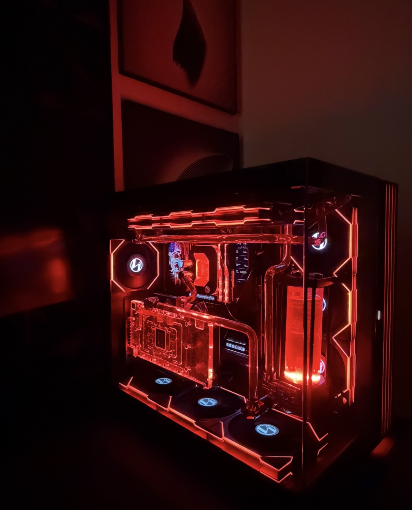 Custom red hard-tube liquid cooled gaming PC